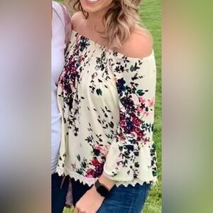 Ruffled Cream and Red Blouse with Long Sleeves